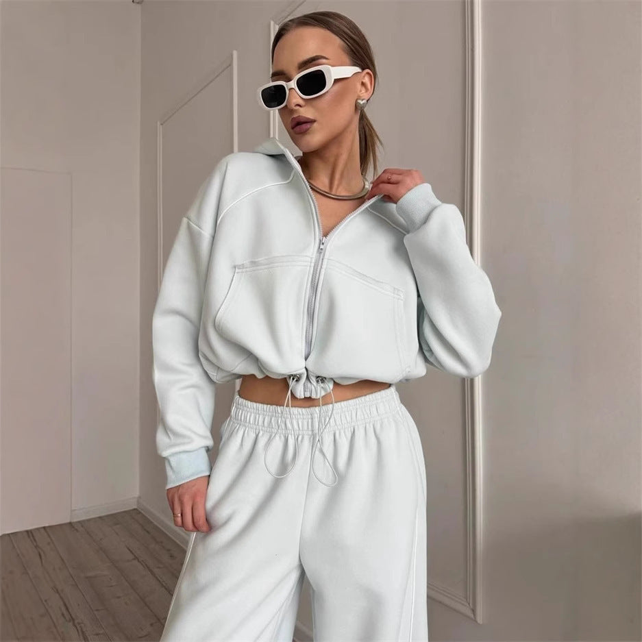 Casual Sport Women's Two-Piece Set Solid Color Long Sleeve Zip-Up Jacket Elastic Waist Long Pants
