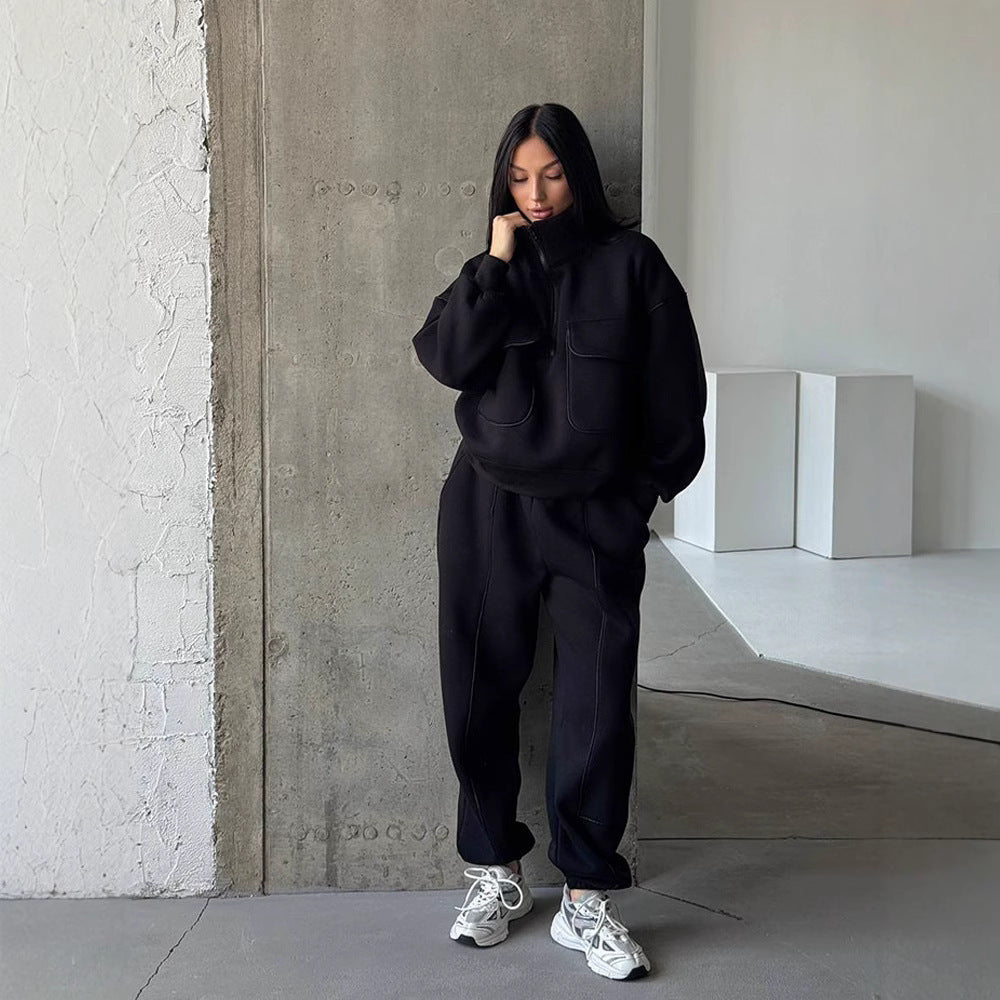 Casual Set Women's Street Style Hoodie Tracksuit Set Half-Zip Pocket Pullover Long Pants Women