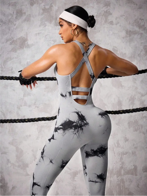 Back Crisscross Tie-Dye Scoop Neck Active Jumpsuit