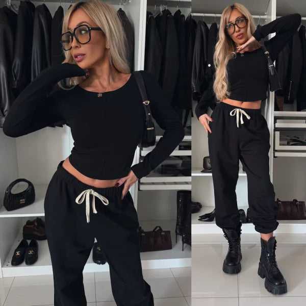 Women's Solid Color Casual Short Sleeve Cropped T-Shirt with Elastic Waist Sporty Long Pants 2-Piece Set