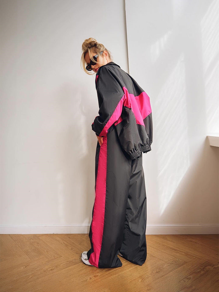 Fashionable Loose =Long Sleeve Zip-Up Cardigan with Contrast Top and Pants Set for Women