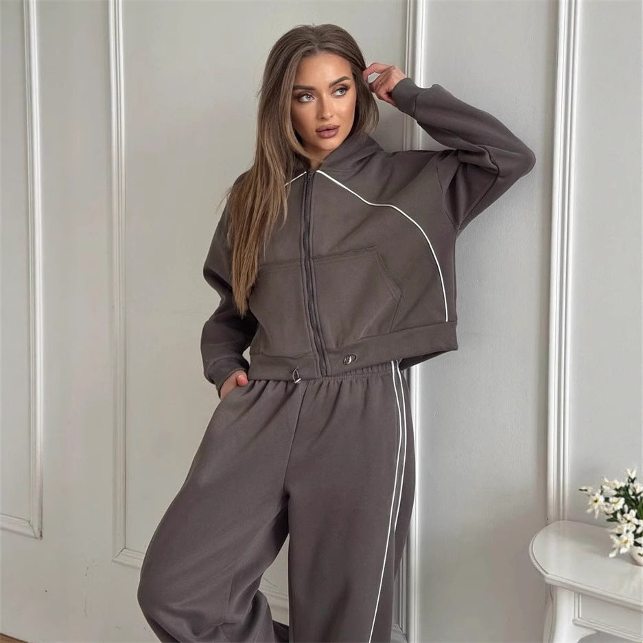 Casual Sport Women's Two-Piece Set Solid Color Long Sleeve Zip-Up Jacket Elastic Waist Long Pants