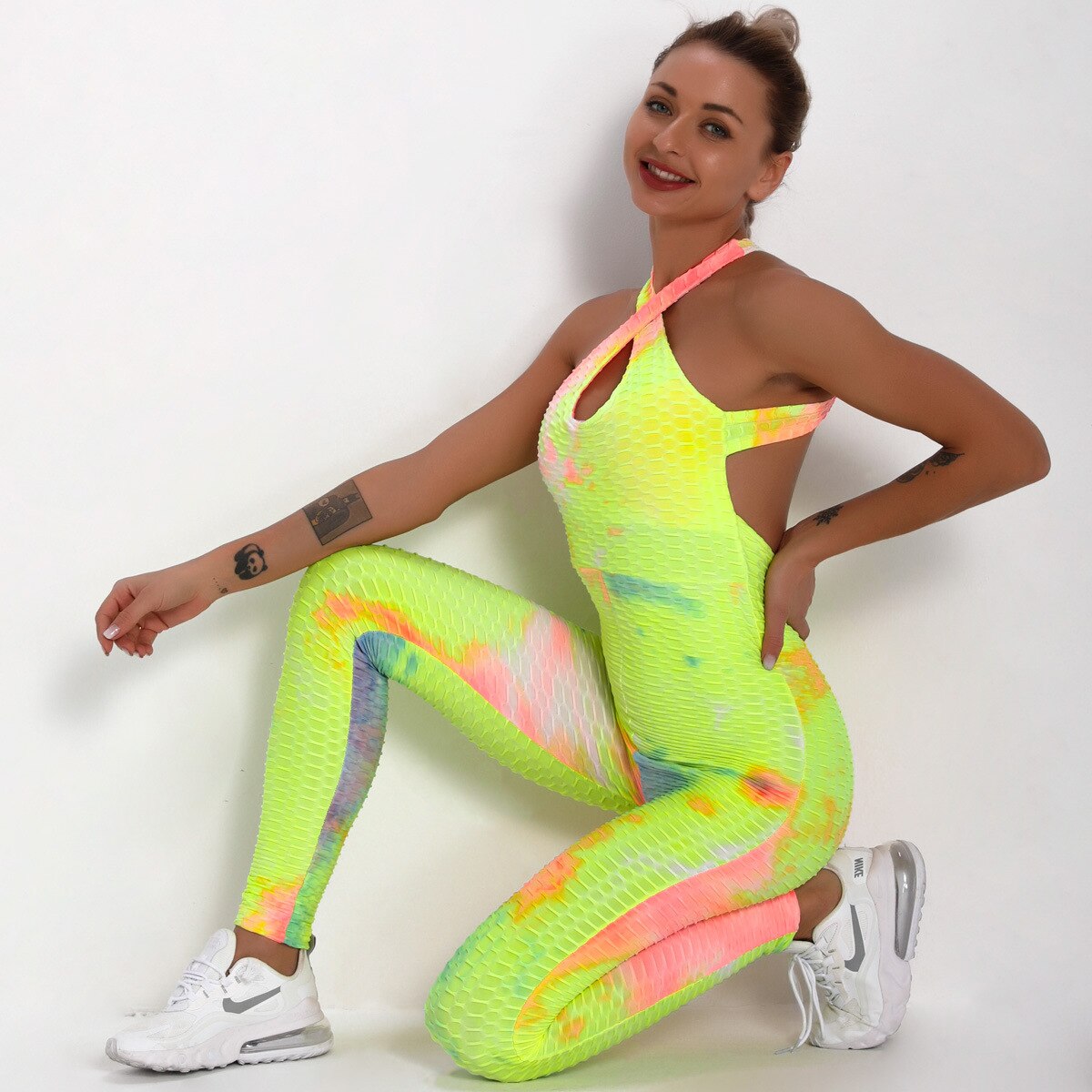 Women's Naked-feel Backless Yoga Bodysuit Sexy Sport Suit Printed Suit Jumpsuit Combinaison Gym Set
