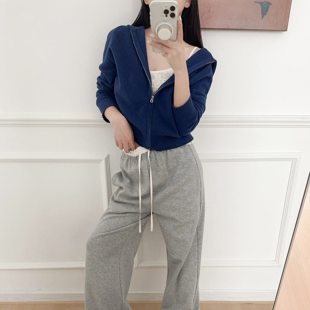 Knitted Zip-Up Hoodie Short Jacket Women's Korean-Style Casual Long Pants Belted Set