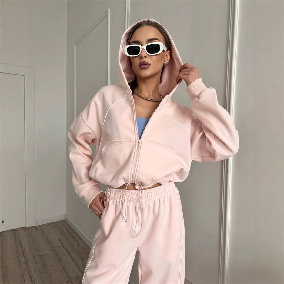 Casual Sport Women's Two-Piece Set Solid Color Long Sleeve Zip-Up Jacket Elastic Waist Long Pants