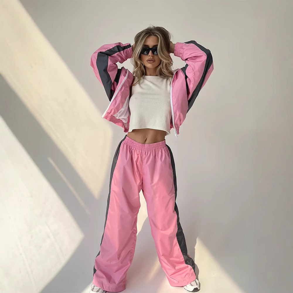 Fashionable Loose =Long Sleeve Zip-Up Cardigan with Contrast Top and Pants Set for Women