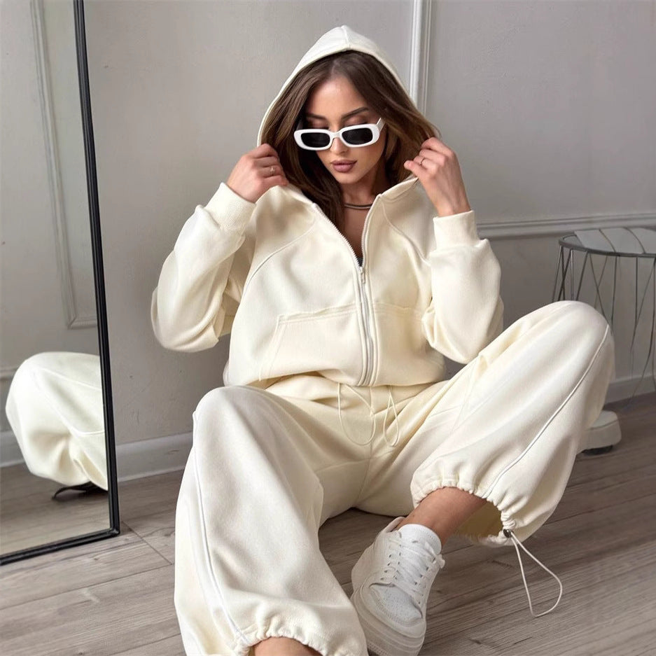 Casual Sport Women's Two-Piece Set Solid Color Long Sleeve Zip-Up Jacket Elastic Waist Long Pants