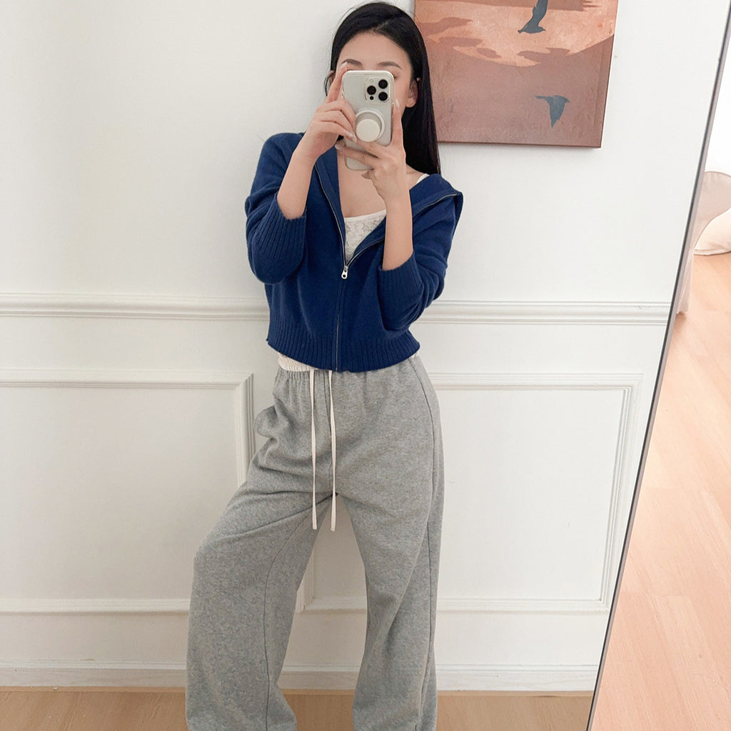 Knitted Zip-Up Hoodie Short Jacket Women's Korean-Style Casual Long Pants Belted Set