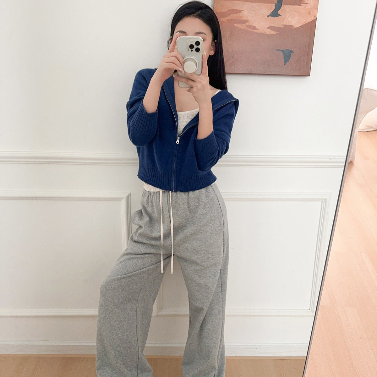Knitted Zip-Up Hoodie Short Jacket Women's Korean-Style Casual Long Pants Belted Set