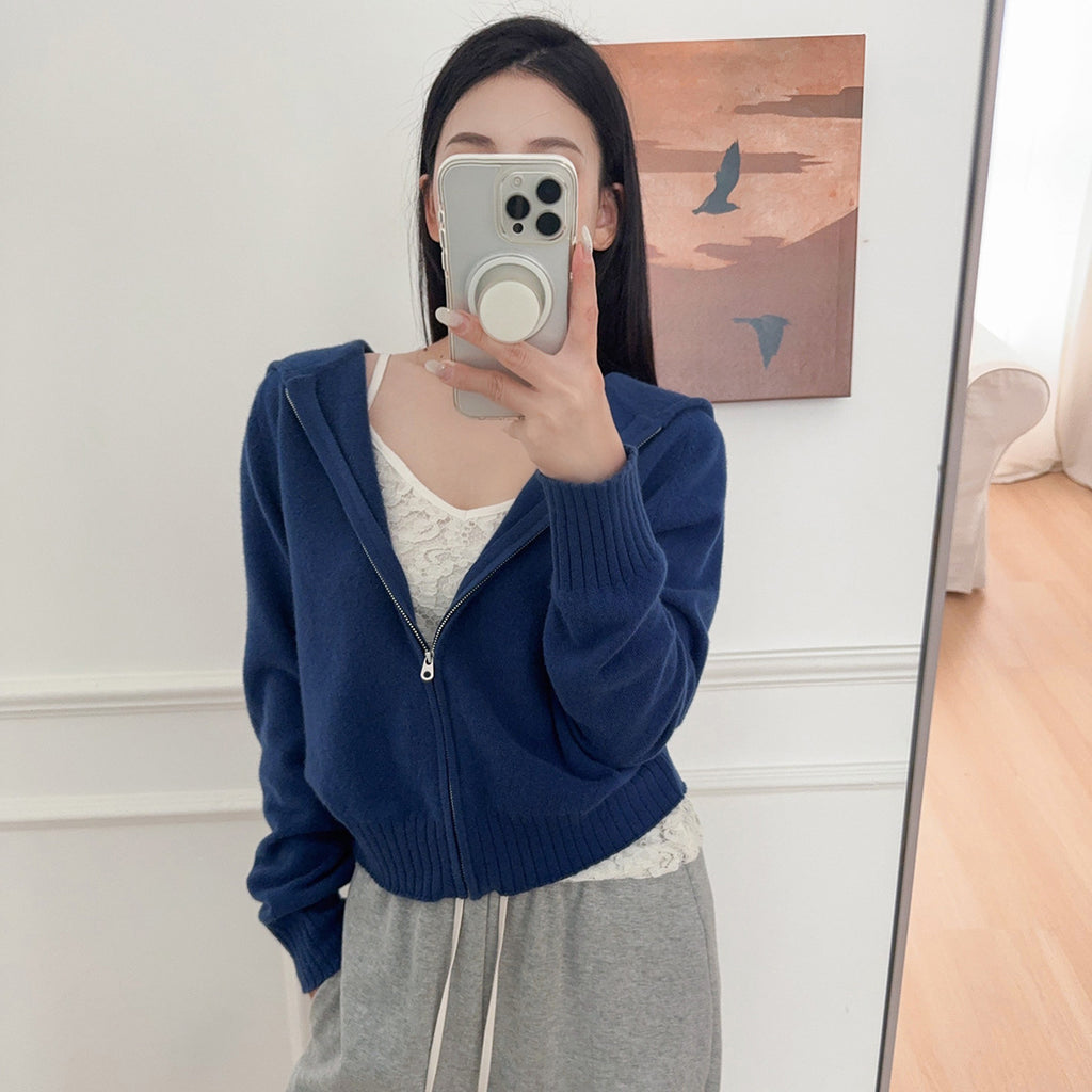 Knitted Zip-Up Hoodie Short Jacket Women's Korean-Style Casual Long Pants Belted Set