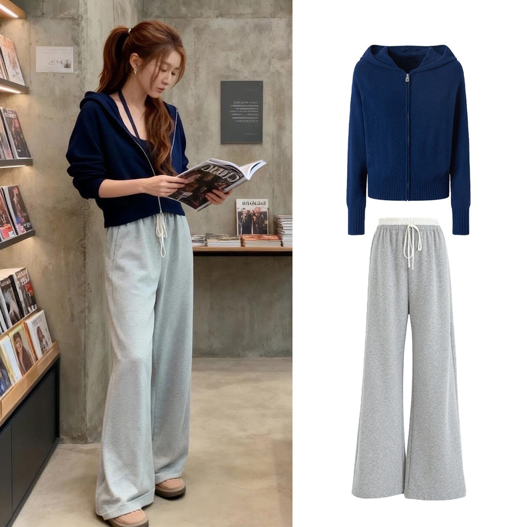 Knitted Zip-Up Hoodie Short Jacket Women's Korean-Style Casual Long Pants Belted Set