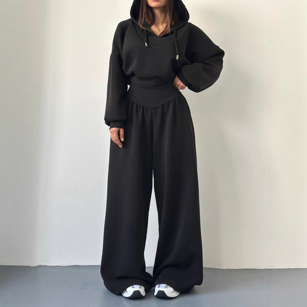 Casual Matching Set for Women, V-Neck Hooded Long Sleeve Sweatshirt and Casual Pants Two-Piece Set