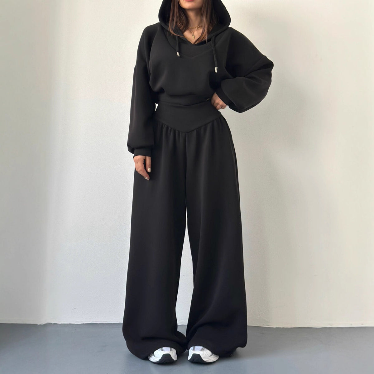 Casual Matching Set for Women, V-Neck Hooded Long Sleeve Sweatshirt and Casual Pants Two-Piece Set