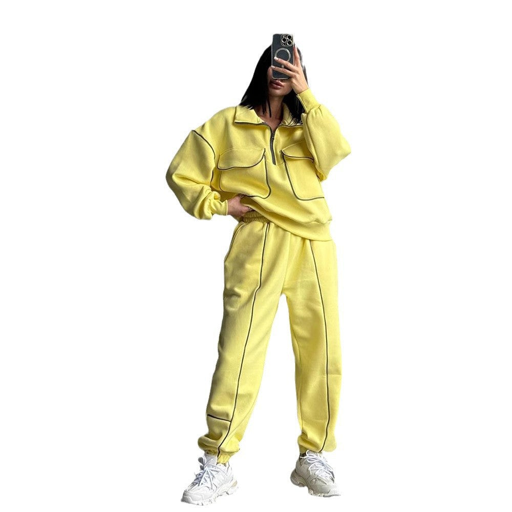 Casual Set Women's Street Style Hoodie Tracksuit Set Half-Zip Pocket Pullover Long Pants Women