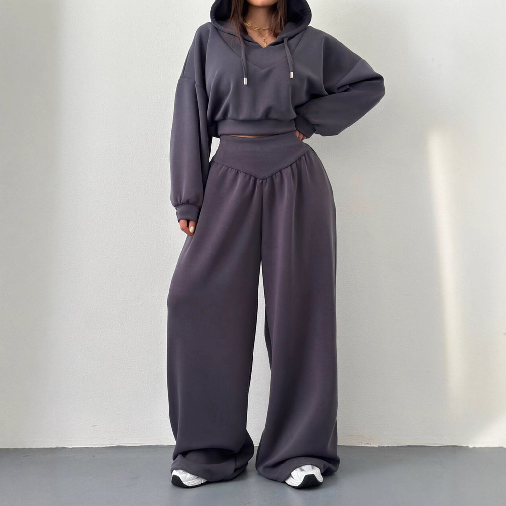 Casual Matching Set for Women, V-Neck Hooded Long Sleeve Sweatshirt and Casual Pants Two-Piece Set
