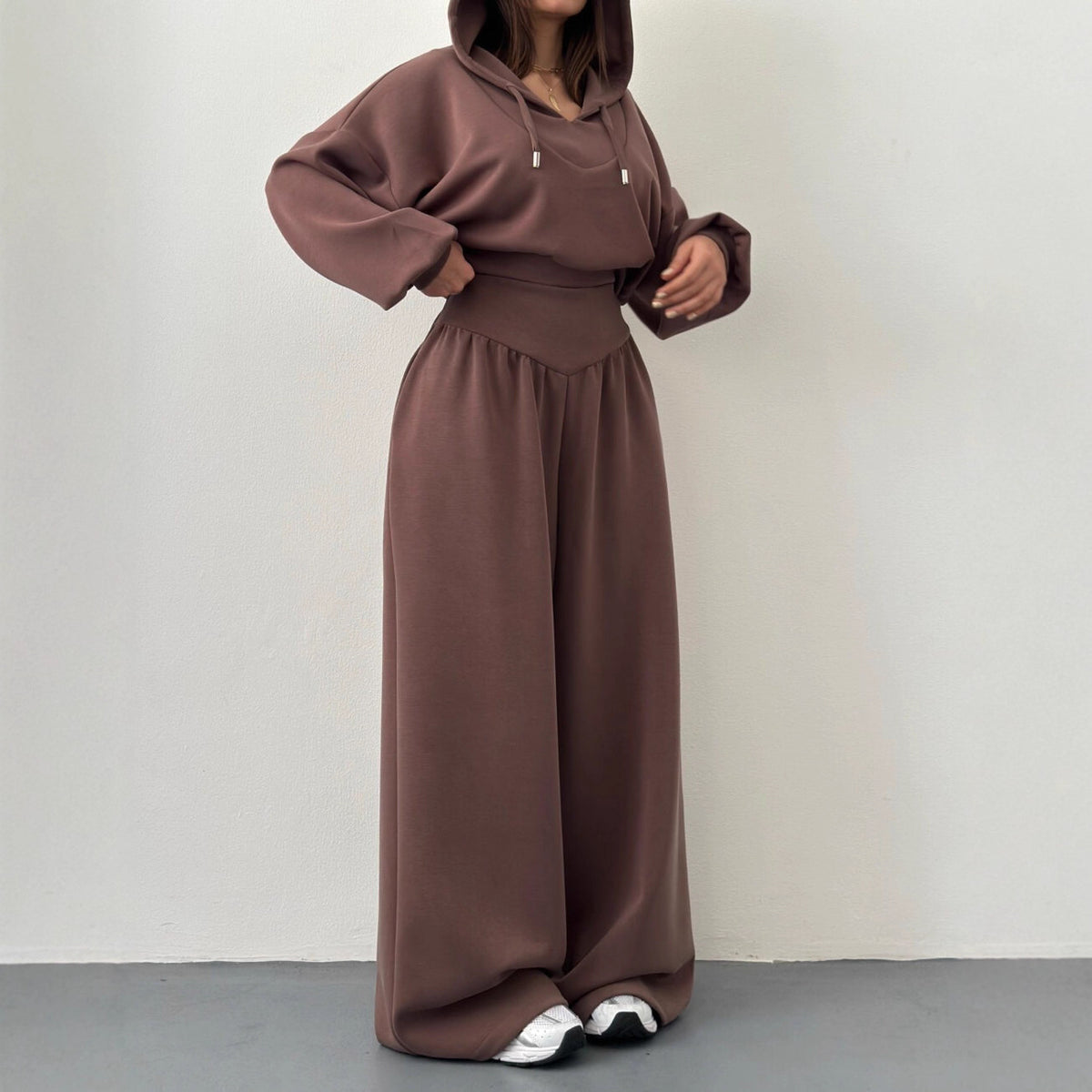 Casual Matching Set for Women, V-Neck Hooded Long Sleeve Sweatshirt and Casual Pants Two-Piece Set