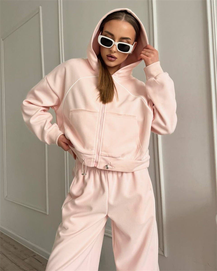 Casual Sport Women's Two-Piece Set Solid Color Long Sleeve Zip-Up Jacket Elastic Waist Long Pants