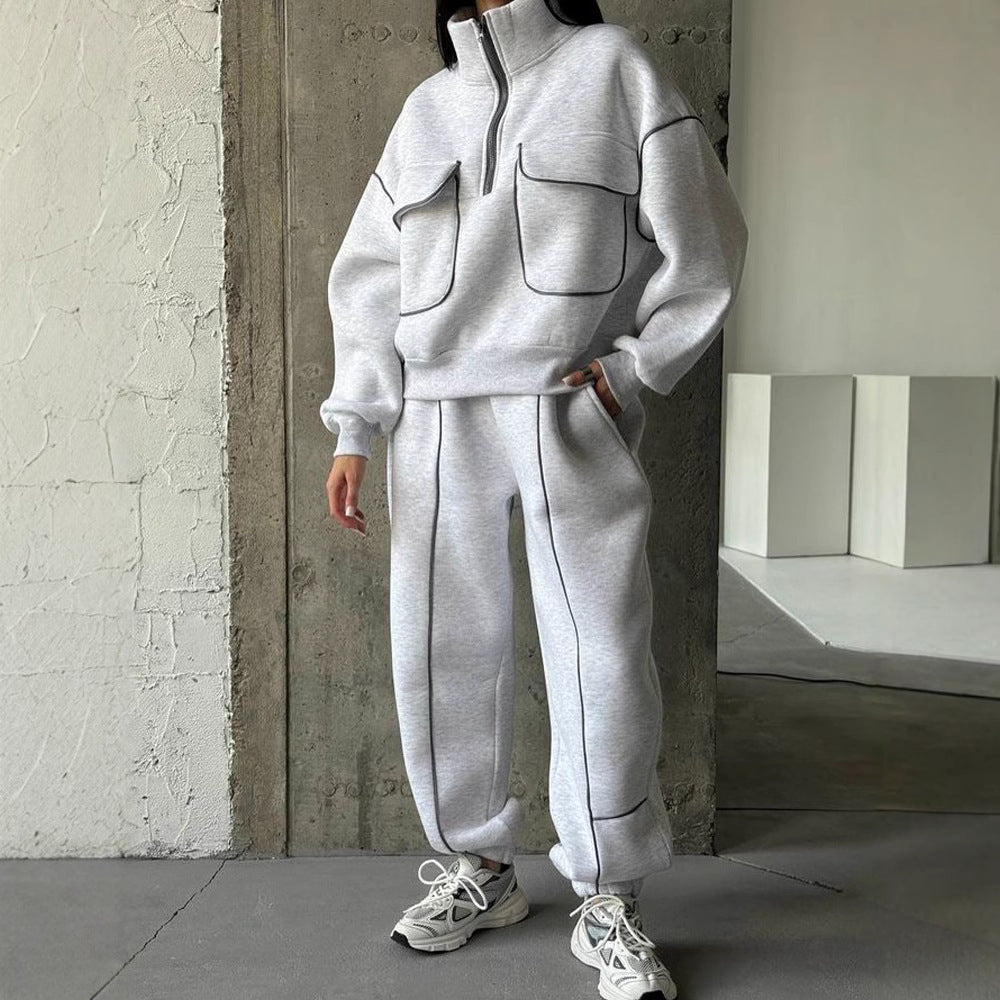 Casual Set Women's Street Style Hoodie Tracksuit Set Half-Zip Pocket Pullover Long Pants Women