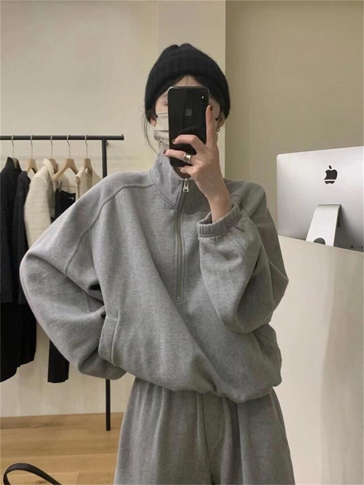 Fashion Trendy Women's Casual Sporty Outfit for Spring and Autumn, Loose Fit with Stand-Up Collar Hoodie and Matching Pants Two-Piece Set