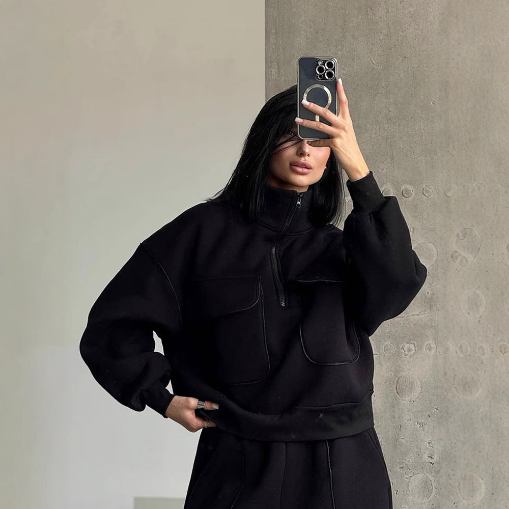 Casual Set Women's Street Style Hoodie Tracksuit Set Half-Zip Pocket Pullover Long Pants Women