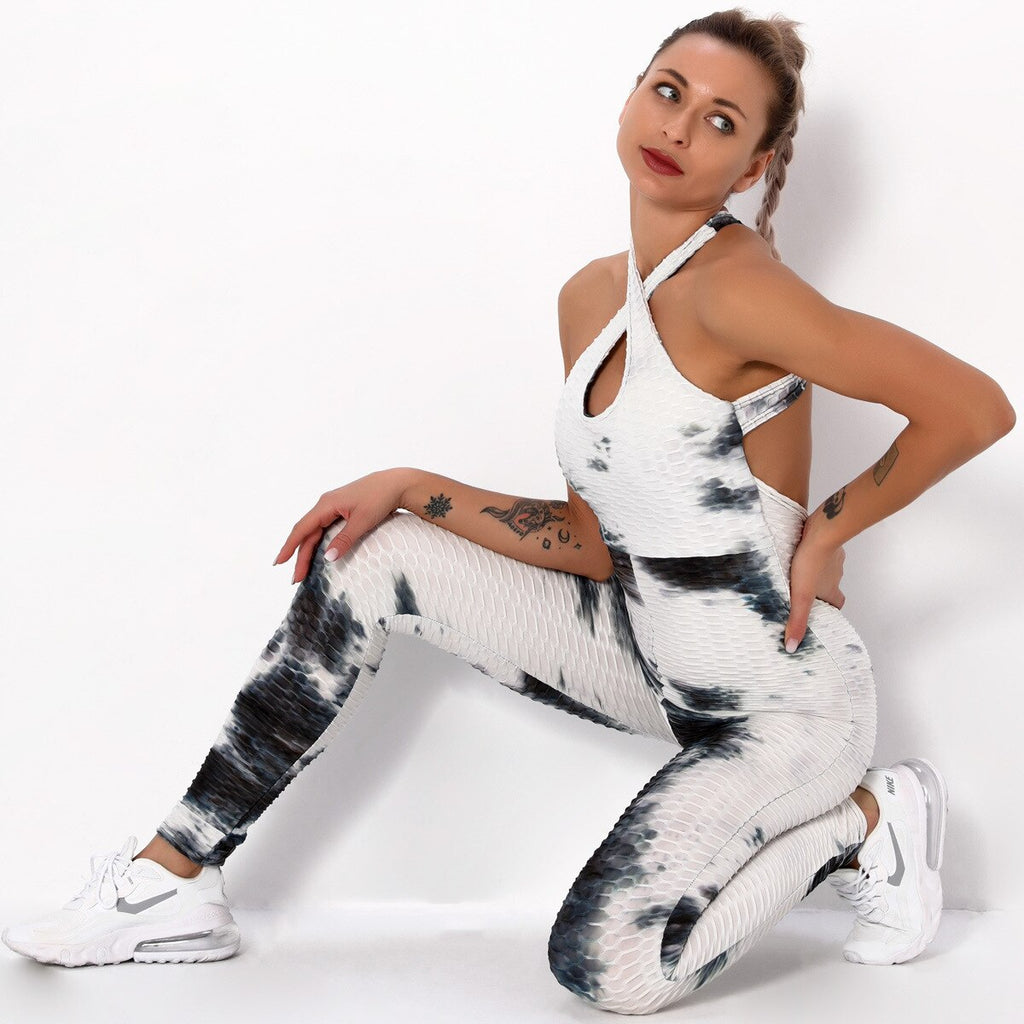 Women's Naked-feel Backless Yoga Bodysuit Sexy Sport Suit Printed Suit Jumpsuit Combinaison Gym Set