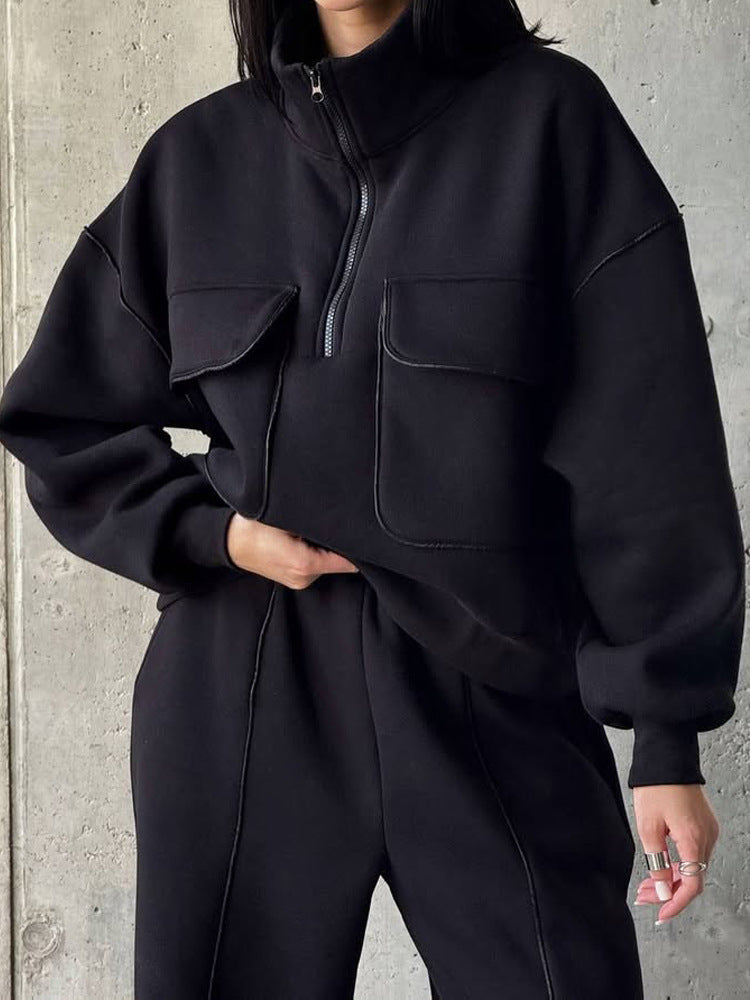 Casual Set Women's Street Style Hoodie Tracksuit Set Half-Zip Pocket Pullover Long Pants Women