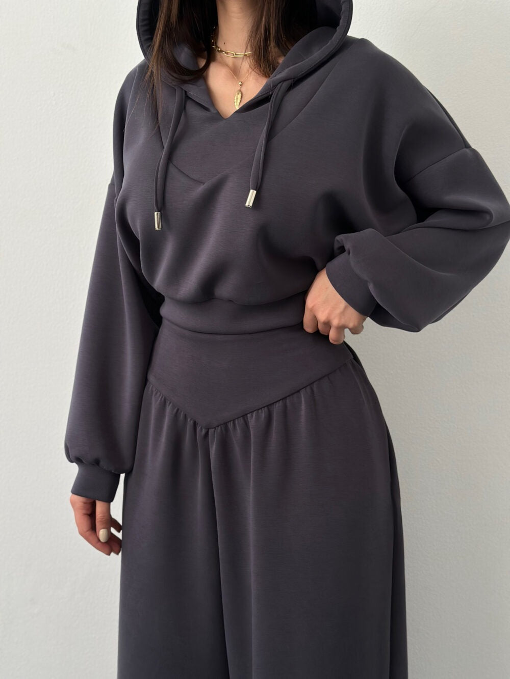 Casual Matching Set for Women, V-Neck Hooded Long Sleeve Sweatshirt and Casual Pants Two-Piece Set