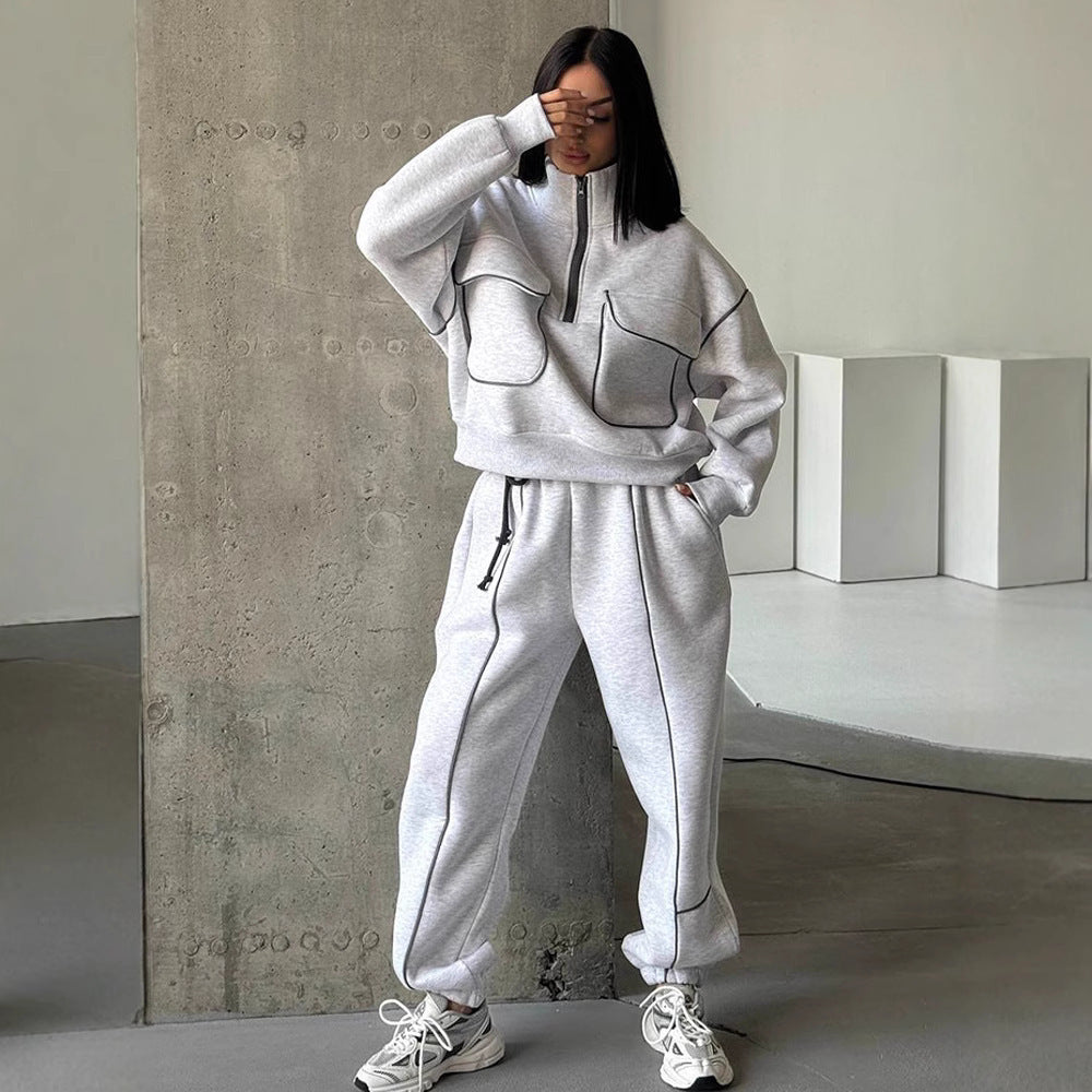 Casual Set Women's Street Style Hoodie Tracksuit Set Half-Zip Pocket Pullover Long Pants Women