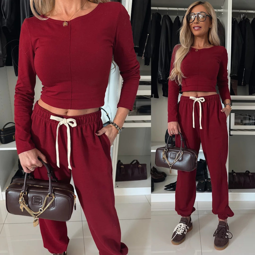 Women's Solid Color Casual Short Sleeve Cropped T-Shirt with Elastic Waist Sporty Long Pants 2-Piece Set