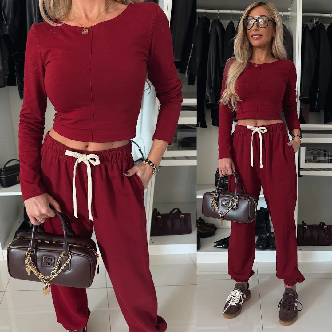 Women's Solid Color Casual Short Sleeve Cropped T-Shirt with Elastic Waist Sporty Long Pants 2-Piece Set