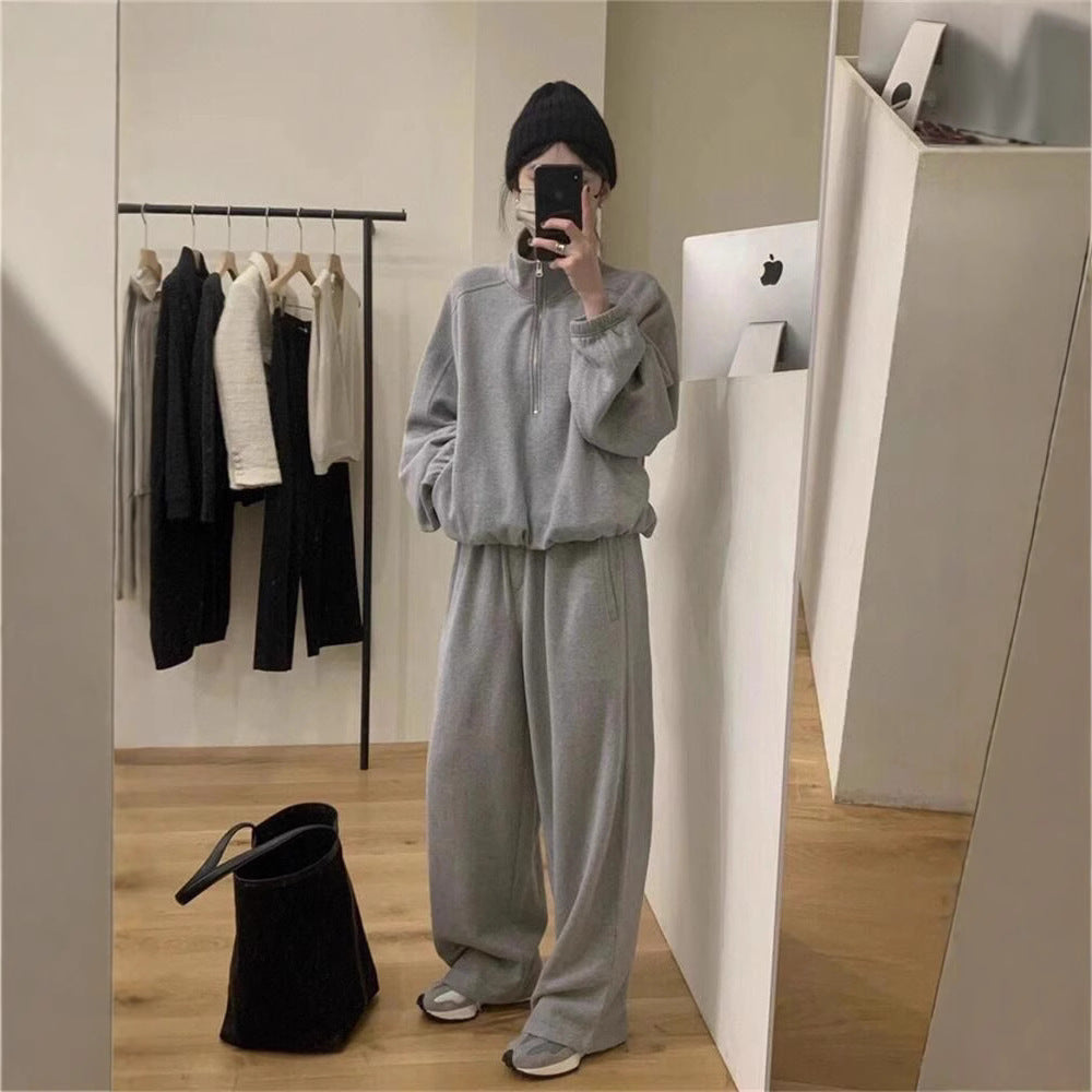 Fashion Trendy Women's Casual Sporty Outfit for Spring and Autumn, Loose Fit with Stand-Up Collar Hoodie and Matching Pants Two-Piece Set
