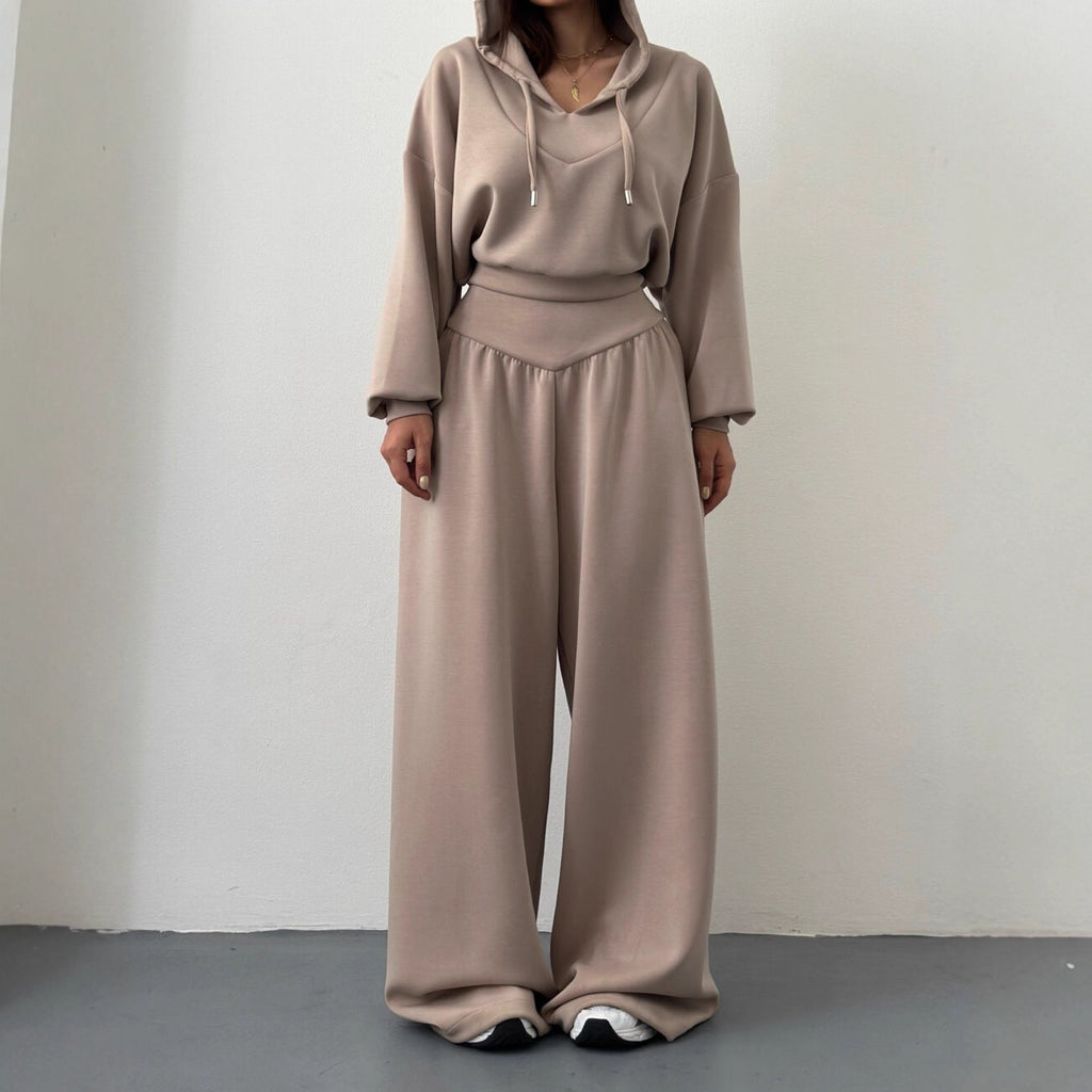 Casual Matching Set for Women, V-Neck Hooded Long Sleeve Sweatshirt and Casual Pants Two-Piece Set