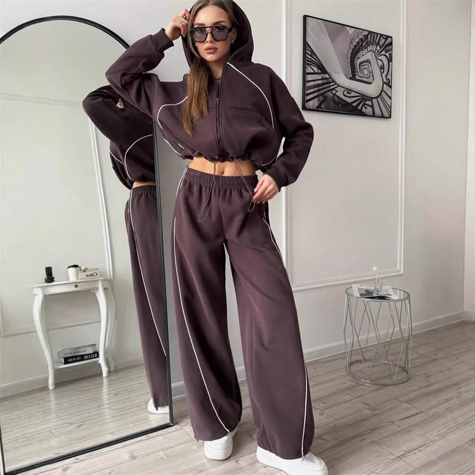 Casual Sport Women's Two-Piece Set Solid Color Long Sleeve Zip-Up Jacket Elastic Waist Long Pants