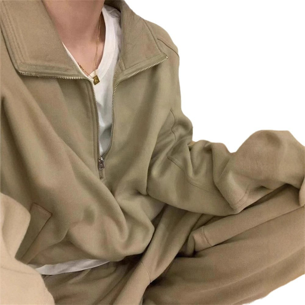 Fashion Trendy Women's Casual Sporty Outfit for Spring and Autumn, Loose Fit with Stand-Up Collar Hoodie and Matching Pants Two-Piece Set