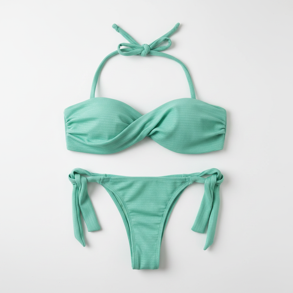 Bikini Verde Lurex Fondo Blanco Lazo Ancho