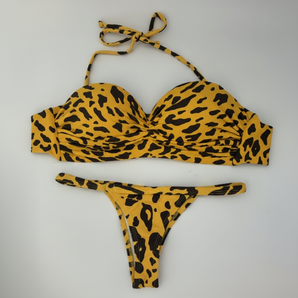 Conjunto Bikini Leopardo Amarillo - Tanga laterales finos
