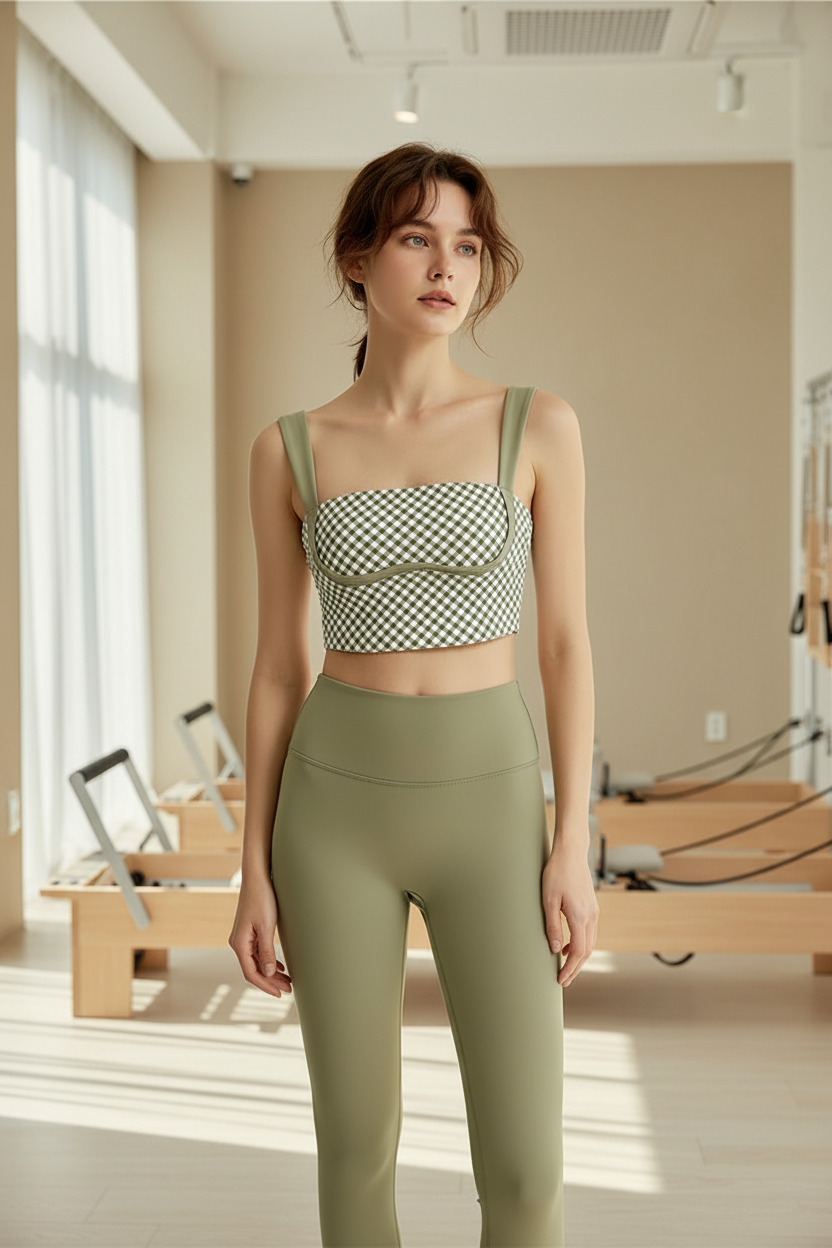 Conjunto Small Check verde en clase de pilates