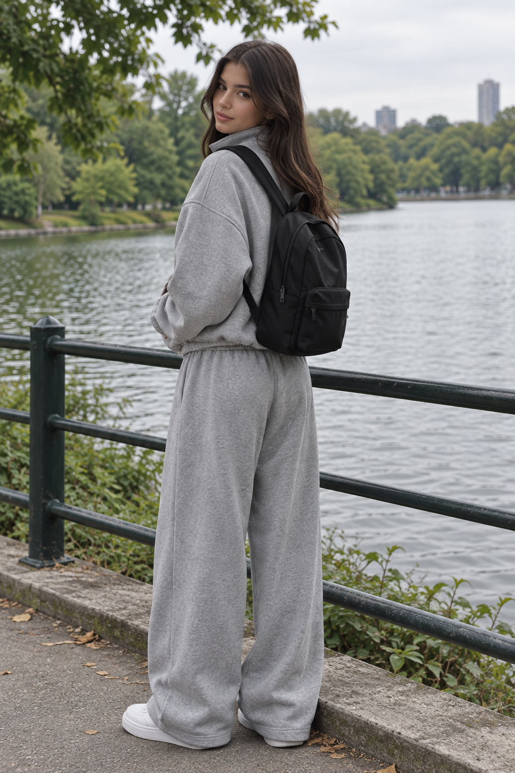 Gris de espaldas junto al lago