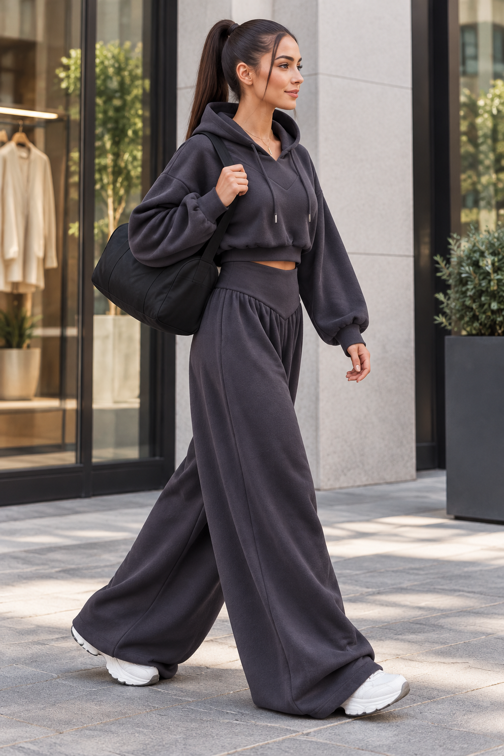 Gris oscuro de perfil junto a escaparates