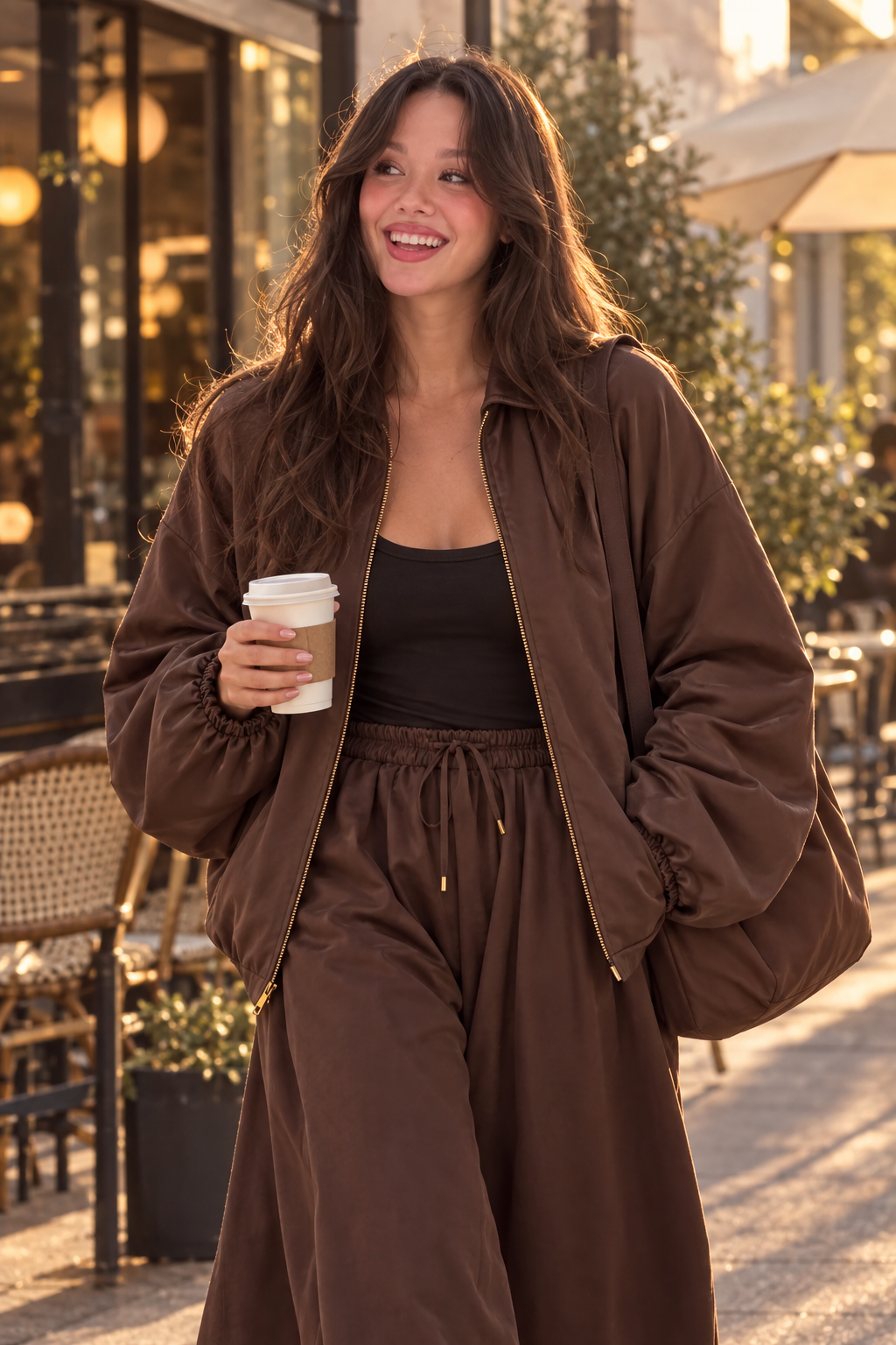 Marrón con café junto a una terraza