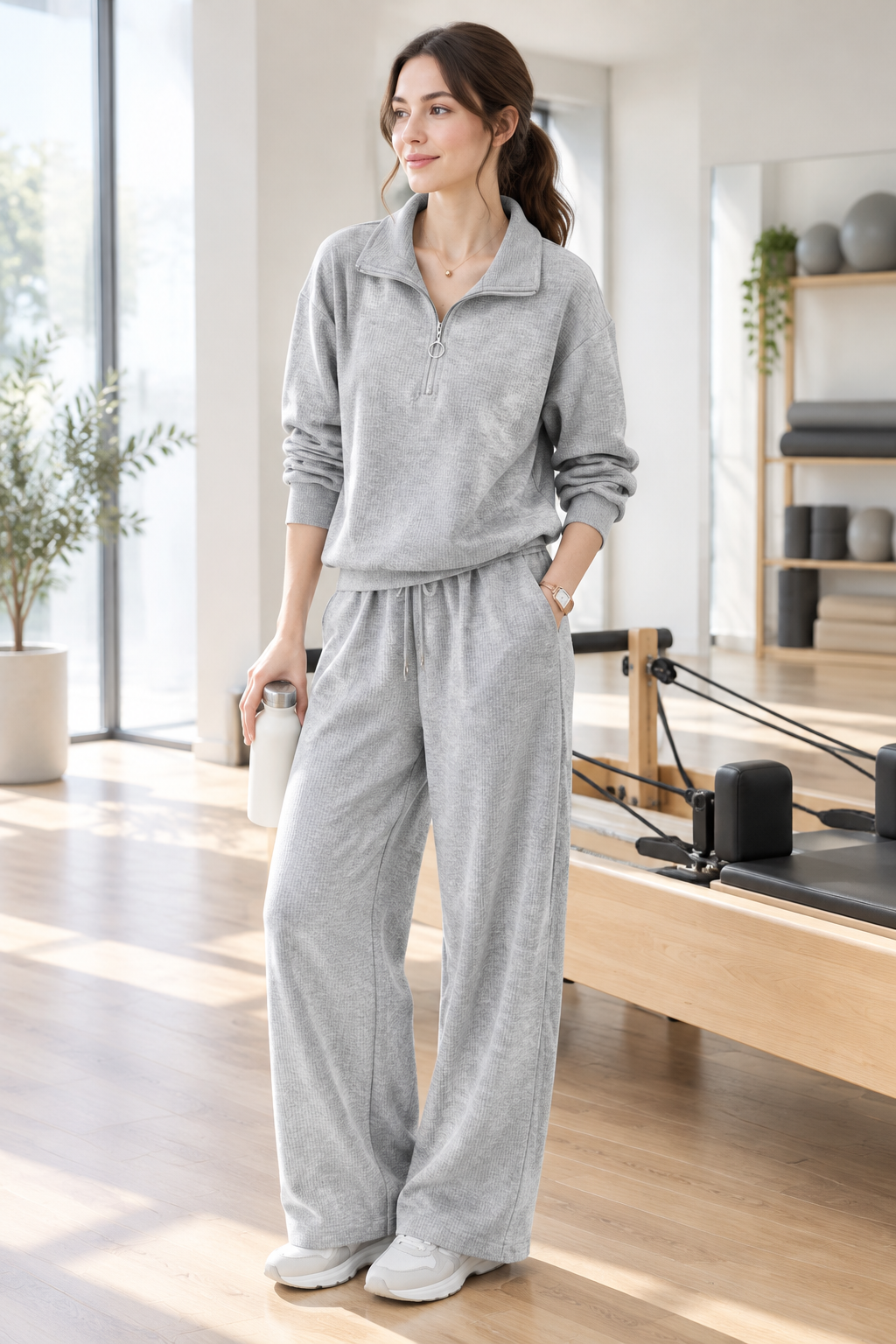 Modelo con chándal gris en estudio de pilates