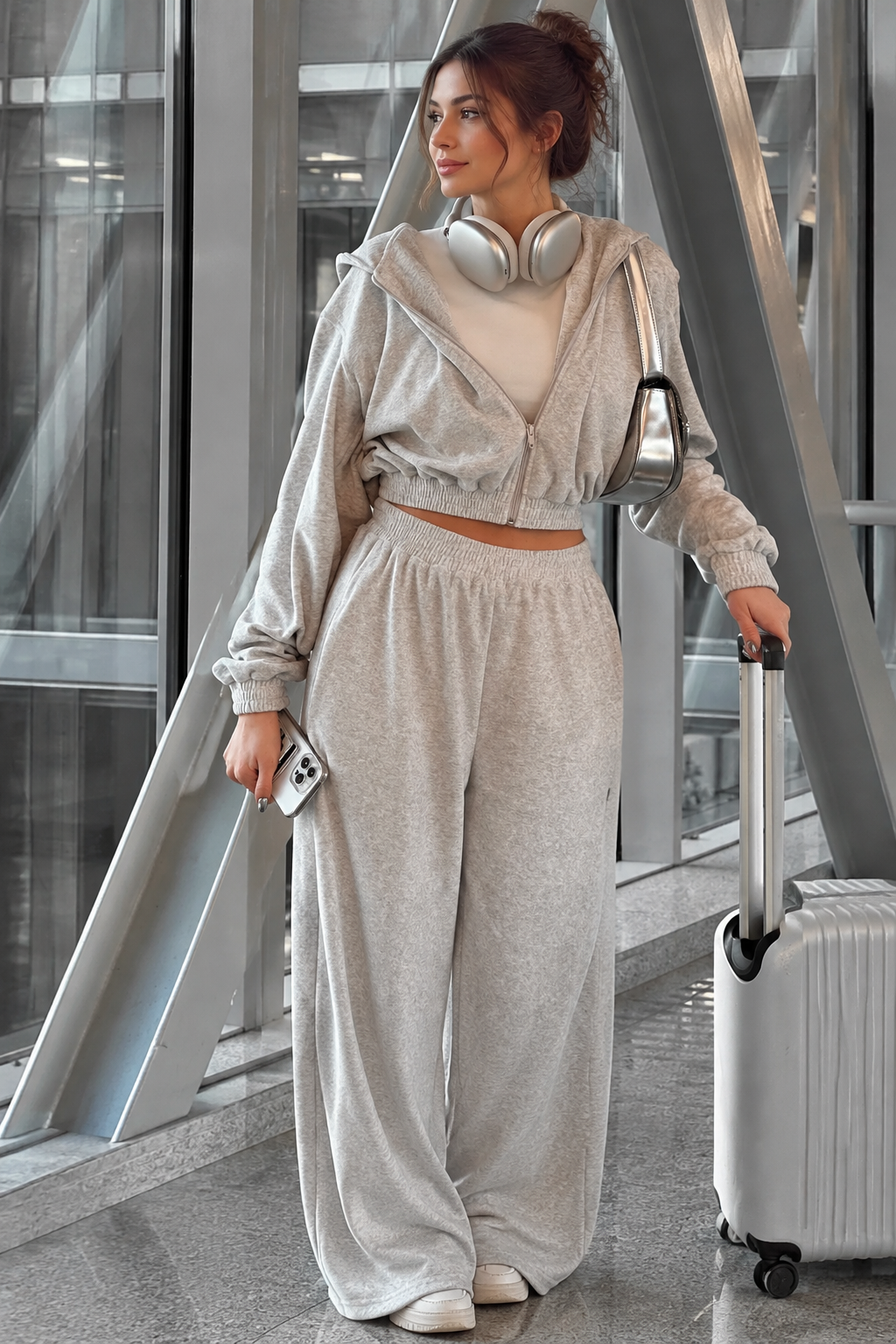 Modelo morena con chándal gris claro y cabeza completa