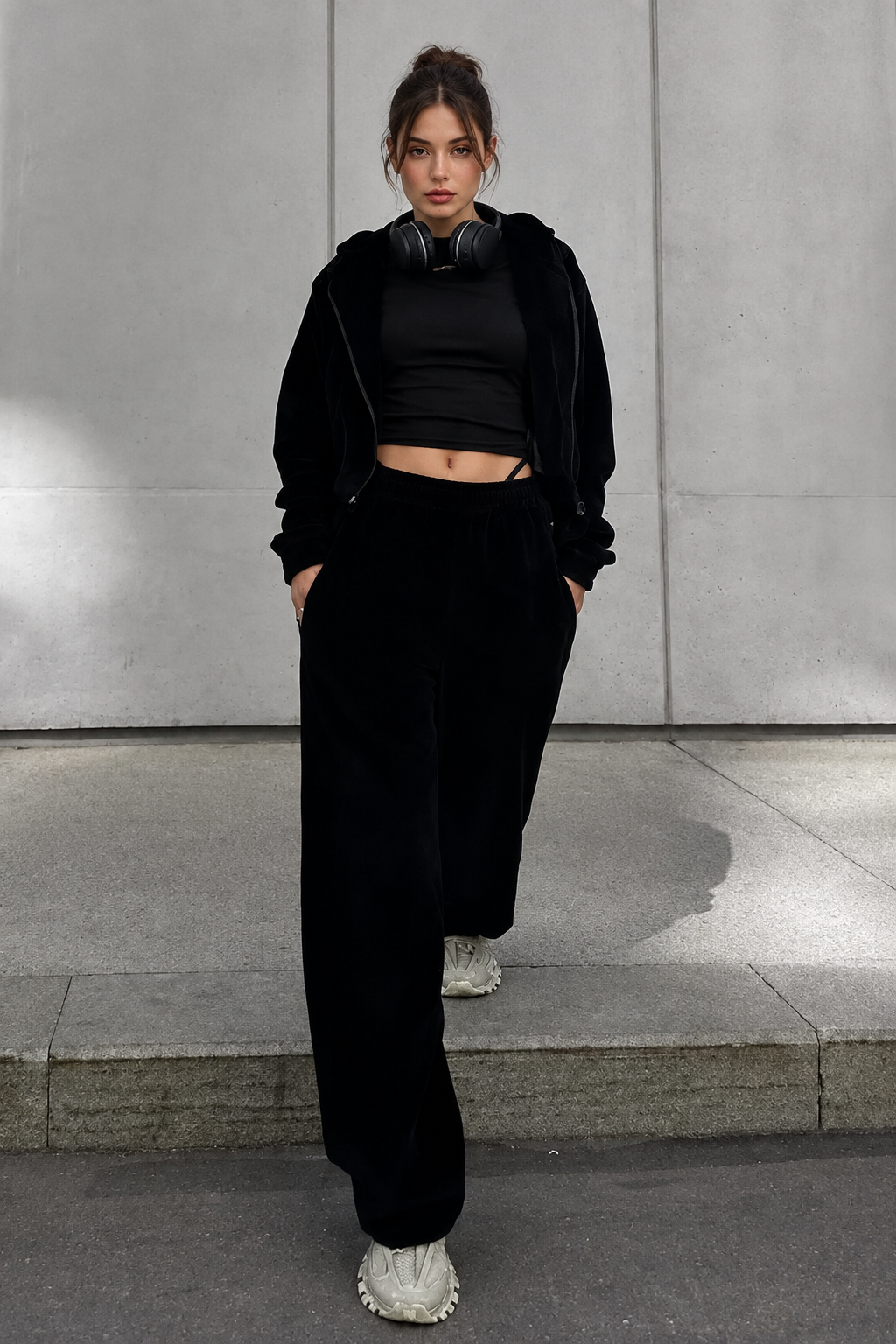 Modelo morena con chándal negro y cabeza completa